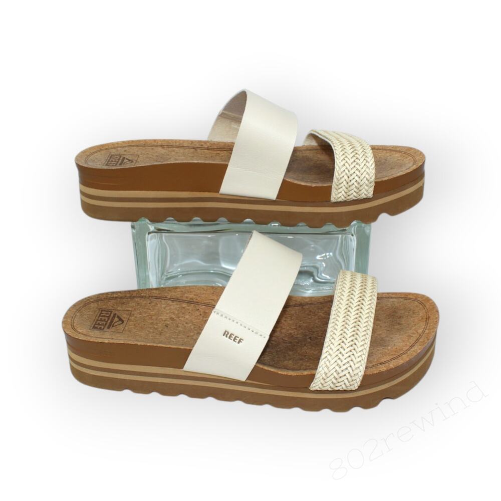 Reef Cushion Vista Hi Women 12 Arch Support Sandals Cream Cork Chunky Lug Vegan - Picture 3 of 15